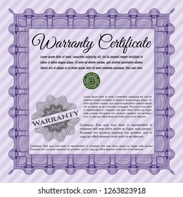 Violet Warranty Certificate template. Nice design. With complex linear background. Vector illustration. 