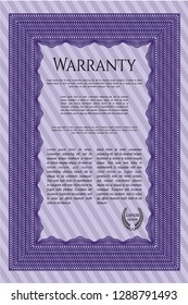 Violet Warranty Certificate template. Printer friendly. Customizable, Easy to edit and change colors. Money Pattern. 
