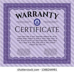 Violet Warranty Certificate template. Printer friendly. Money style design. Detailed. 
