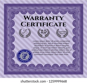 Violet Warranty Certificate template. With quality background. Detailed. Good design. 