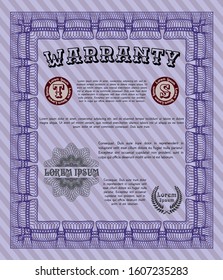 Violet Warranty Certificate template. With quality background. Vector illustration. Lovely design. 