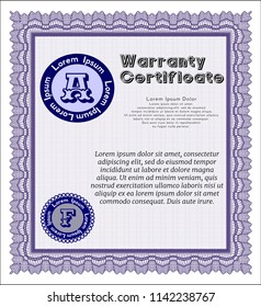 Violet Warranty Certificate template. Vector illustration. With guilloche pattern and background. Sophisticated design. 