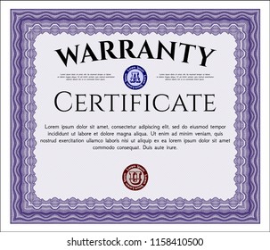 Violet Warranty Certificate template. Vector illustration. With quality background. Sophisticated design. 