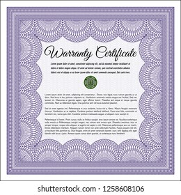 Violet Warranty Certificate template. Vector illustration. With quality background. Cordial design. 