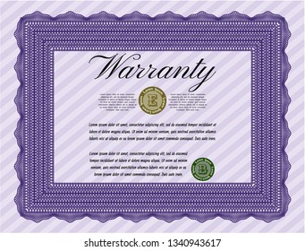 Violet Warranty Certificate template. Vector illustration. With complex background. Beauty design. 