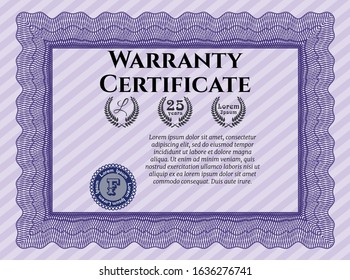 Violet Warranty Certificate template. Vector illustration. With great quality guilloche pattern. Money Pattern. 
