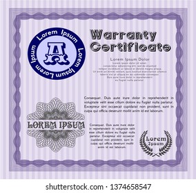 Violet Warranty. With complex linear background. Retro design. Vector illustration. 