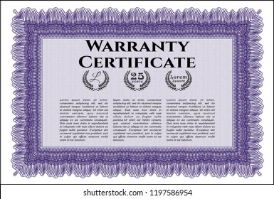 Violet Warranty template. Complex background. Money Pattern design. Customizable, Easy to edit and change colors. 