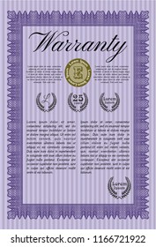 Violet Warranty template. With complex linear background. Detailed. Money Pattern. 