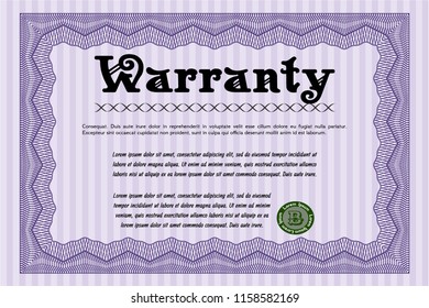Violet Warranty template. Detailed. Complex background. Money style design. 