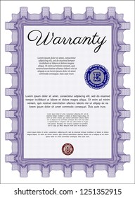 Violet Warranty template. With guilloche pattern and background. Vector illustration. Perfect design. 