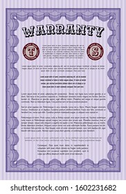Violet Warranty template. With guilloche pattern and background. Beauty design. Vector illustration. 