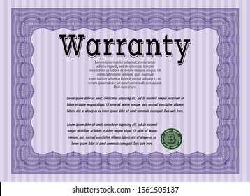 Violet Warranty template. Lovely design. With complex linear background. Detailed. 