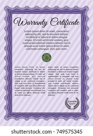 Violet Warranty template. Money Pattern design. With guilloche pattern and background. Detailed. 