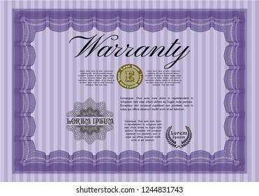 Violet Warranty template. Nice design. Vector illustration. With guilloche pattern and background. 