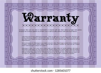 Violet Warranty template. Printer friendly. Money Pattern. Detailed. 
