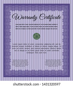 Violet Warranty template. With quality background. Customizable, Easy to edit and change colors. Money Pattern design. 