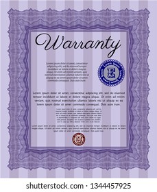 Violet Warranty template. Vector illustration. With complex background. Money Pattern. 