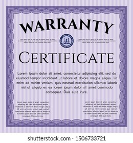 Violet Warranty template. Vector illustration. With complex linear background. Retro design. 