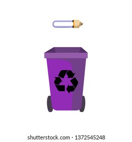 Violet waste bin and fluorescent lamp. Refuse container for paper waste with recycling sign and wheels.  
