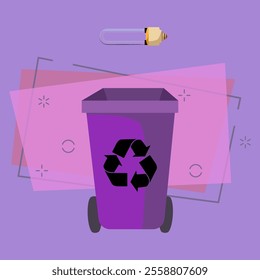 Violet waste bin and fluorescent lamp. Refuse container for paper waste with recycling sign and wheels. Garbage concept. Vector illustration can be used for topics like waste sorting, trash, ecology