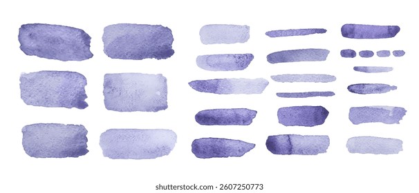 Violet watercolor brush strokes showcasing various shapes and textures for artistic inspiration