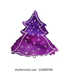 Violet watercolor christmas tree. Vector illustration isolated on white background. 