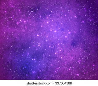 Violet watercolor grunge background with falling snow and light sparkles.