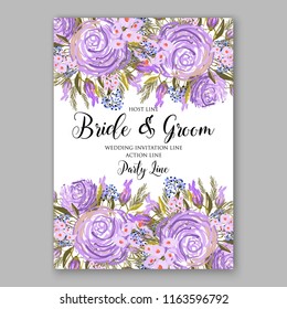 Violet watercolor Rose wedding invitation vector floral background peony ranunculus greenery bridal shower invitation