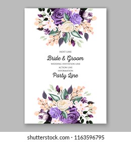 Violet watercolor Rose wedding invitation vector floral background peony ranunculus greenery bridal shower invitation