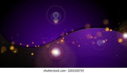 Violet wavy corporate background with golden lines and sparkling bokeh light. Vector design