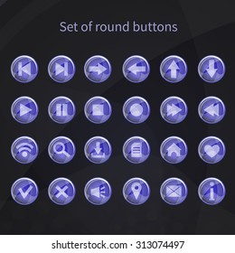 Violet web or game icons on round buttons. Glossy and shiny interface elements for your design.