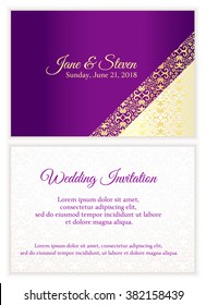 Violet wedding invitation with luxury golden lace in corner and damask pattern inside of the card