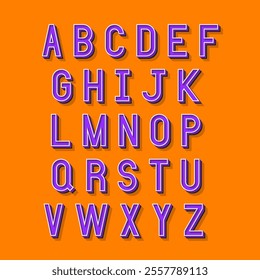 Violet and white alphabet letters with 3d isometric effect on orange background. Vector illustration.