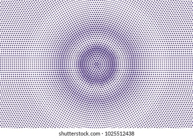Violet white dotted halftone. Centered radial dotted gradient. Half tone vector background. Abstract futuristic texture. Violet ink dot on transparent backdrop. Modern pop art design template
