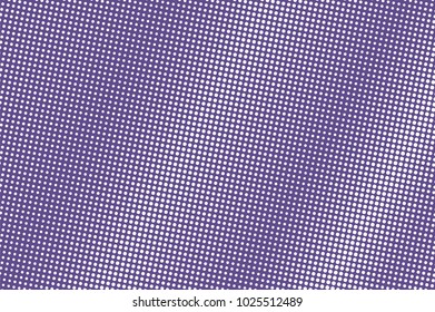 Violet white dotted halftone. Diagonal dark dotted gradient. Half tone vector background. Abstract futuristic texture. Violet ink dot on transparent backdrop. Modern pop art design template