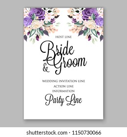 Violet white rose wedding invitation Vector floral bridal bouquet wording sample text