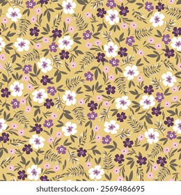 violet and white seamless floral vector small flowers leaves pattern on yellow background