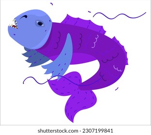 A violet wild fish in a sea. This cartoon illustration can be used as a logotype for sea and tourists organizations. Vector, isolated.