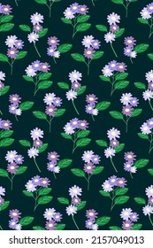 flores silvestres violáceas patrón sin costura, fondo verde oscuro 