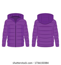 Violet winter down zipped jacket with hood isolated vector on the white background