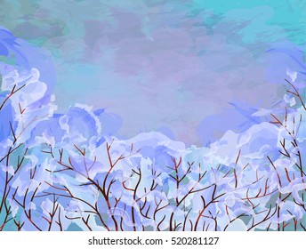 Violet winter landscape with trees wrapped with snow. Vector illustration. 