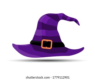 Violet witch and wizards hat with belt. Halloween costume. Vector illustration in flat style.