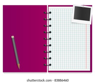Violet working notepad with attached photo card and pencil
