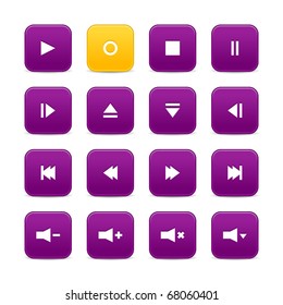 Violet and yellow 16 media control web 2.0 buttons. Rounded square shapes with shadow on white
