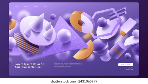 Violet yellow 3d geometric shapes landing page vector design in eps 10