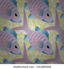 Violet, yellow and blue fish vector seamless pattern.