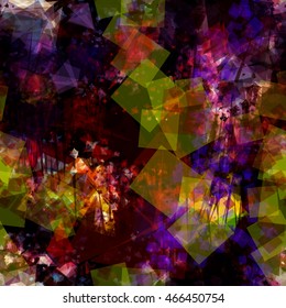 Violet, yellow, brown, red. Squares, triangles and sharp-edged elements. Abstract seamless vector background