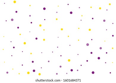Violet and yellow circles confetti falling on transparent background. Round, dot vector background. Abstract colorful confetti flying in the air. Vector holiday illustration with circles confetti.