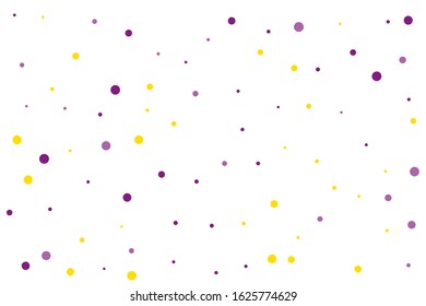 Violet and yellow circles confetti falling on transparent background. Round, dot vector background. Abstract colorful confetti flying in the air. Vector holiday illustration with circles confetti.
